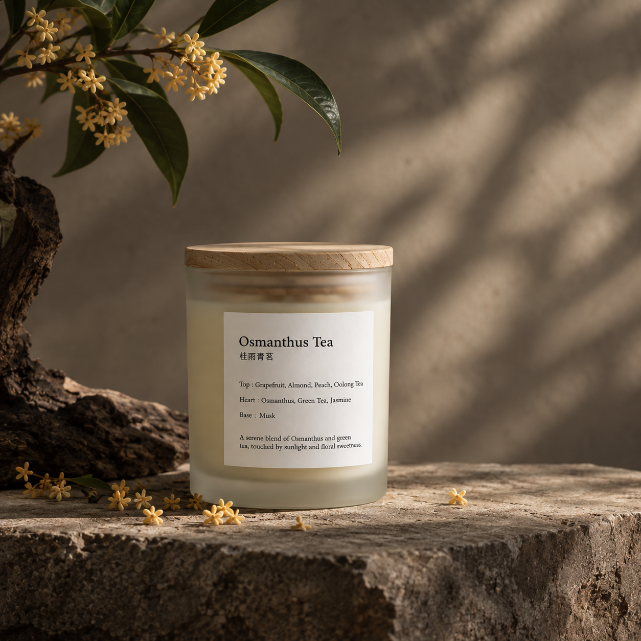 Osmanthus Tea among flowers and stone, an imagined botanical scene